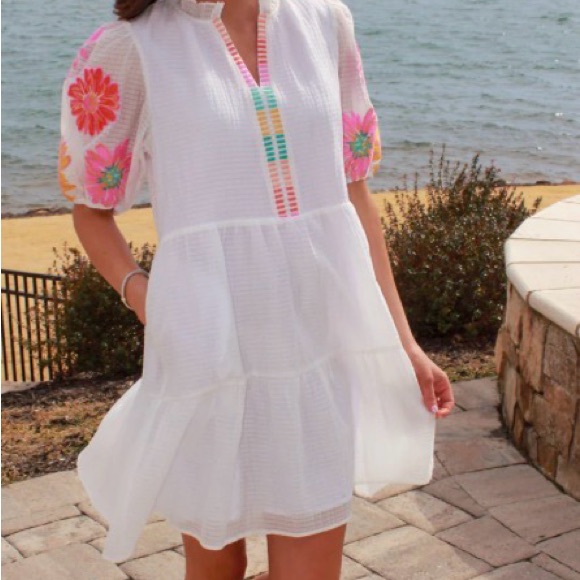 Avara White Gauze Dress With Pink Floral Puff Sleeves